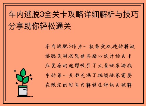 车内逃脱3全关卡攻略详细解析与技巧分享助你轻松通关